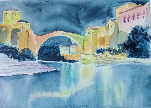 Puente de Mostar en acuarela (impresión artística de alta definición)
