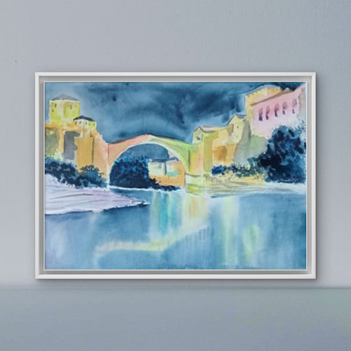 Puente de Mostar en acuarela (impresión artística de alta definición)